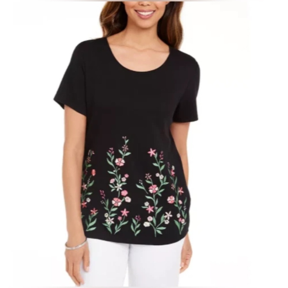 Karen Scott Garden Treasure Black Embroidered Blouse